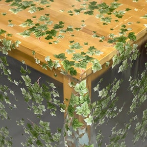 Può includere: Tovaglia in vinile trasparente con un motivo di edera verde. La tovaglia è drappeggiata su un tavolo di legno.