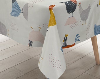 Nappe toile cirée 06285-00 poules colorées poule coq ferme lavable vendu au mètre carrée ronde ovale