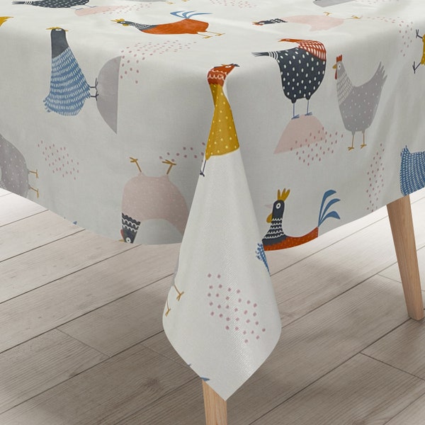 Nappe toile cirée 06285-00 poules colorées poule coq ferme lavable vendu au mètre carrée ronde ovale