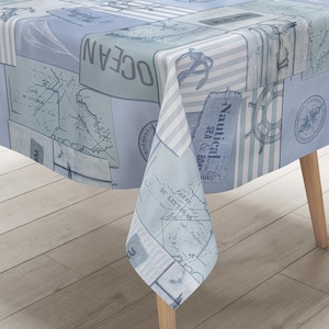 Nappe en toile cirée KEVKUS C146091 bleu clair ancre maritime carte du monde voilier carré rond ovale