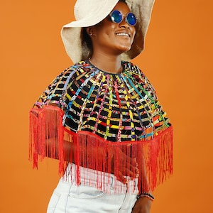Red Tassel African Print Cape: Recycled Ankara Festival Cloak