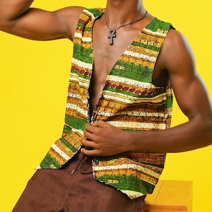 Ashanti Empress - Reversible Mens Waistcoat, Retro African Print Vest, Festival Outfit, 70s Hippie Mens Clothing, Brown Kawaii Vest, Cotton