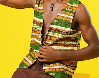 Ashanti Empress - Reversible Mens Waistcoat, Retro African Print Vest, Festival Outfit, 70s Hippie Mens Clothing, Brown Kawaii Vest, Cotton