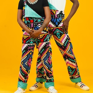 Aztec Festival Overalls Dungarees, Unisex Afrocentric Jumpsuit, African Fabric Comfy Streetwear Dungarees, Hippie Rainbow Outfit, Men, Women