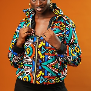 Aztec Rave Jacket, African Print Hooded Jacket, Festival Outfit, Gender Neutral Clothing, Tribal Hoodie Jumper, Blue Coat - Ashanti Empress