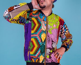 Afrikanische aztekische Bomberjacke, bunte afrozentrische Reißverschlussjacke von Ankara, recycelte ästhetische Festivaljacke, Wachs-Patchwork, afrikanische Geschenke
