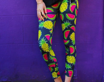 Fruits Leggings, Festival Leggings, Spring Leggings, Women Activewear, Colourful Leggings, Hippie Clothing, Yoga Outfit, Patterned Leggings