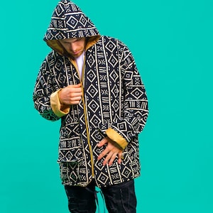 Black & White Unisex Jacket, African Print Jacket, Oversize Hooded Jacket, Tribal Jacket, 90s Festival Clothing, Y2K, Colourful Rave Wear