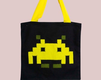 Space Invader Tote Bag, African Print Tote, Shopping Bag, Bag For Life, Novelty Tote, Patterned Tote, Colourful Bag, Gift for Her, Unique