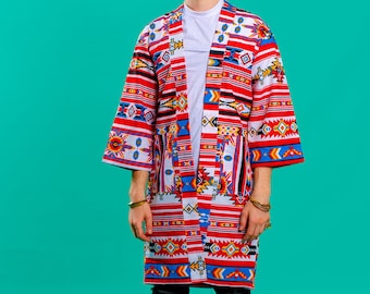 Veste longue colorée unisexe à imprimé aztèque et imprimé africain, vêtements hippie, motif kimono, kimono femme, cape tribale, robe kimono