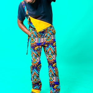 African Print Rave Party Festival Unisex Dungarees, Colorful Ankara Jumpsuit, Handmade Overalls, Mens Unique Fashion, Aztec Print, Blue