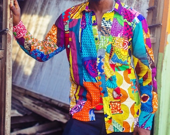 Patchwork Shirt, African Print Shirt, Ankara Shirt, Festival Shirt Men, Long Sleeve Shirt, Mens Festival Clothing, Colourful Men Shirt