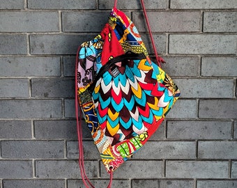 Afrikanische Patchwork-Tasche, Kordelzugtasche, recycelte Tasche für das Leben, Ankara-Rucksack, bunte Kindertasche, nachhaltiges Geschenk, recyceltes Geschenk, flippig