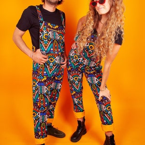 African Rave Festival Overalls Dungarees, Artistic Afrocentric Jumpsuit, Recycled Fabric Comfy Streetwear Loungewear Dungarees, Unisex
