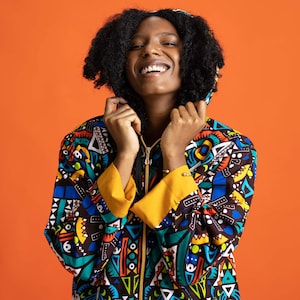 Be Rave Jacket, African Print Hooded Jacket, Tribal Colorful Hoodie, 90s Festival Outfit, Unisex Oversize Dashiki, Blue, Ashanti Empress
