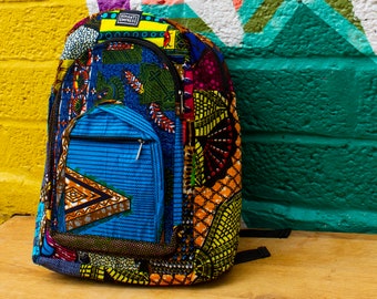 Afrikanischer Rucksack, Patchwork-Rucksack, Afrikanischer Druckrucksack, recycelter Rucksack, nachhaltige Tasche, afrikanische Taschen, Schultasche, Ankara-Tasche