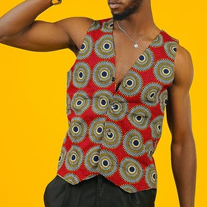 African Print Vest, Reversible Patchwork Waistcoat, Retro 80s Vest, Festival Outfit, Hippie Mens Clothing, Ethically Made - Ashanti Empress