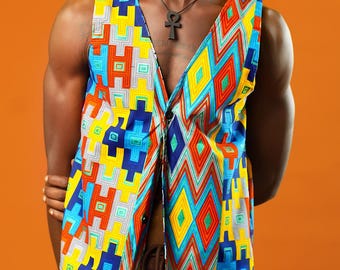 Kente Reversible Men Waistcoat, Aztec African Print Vest, Festival Outfit Men, Hippie Clothing, Geometric Vest, Ankara Cotton Waistcoat