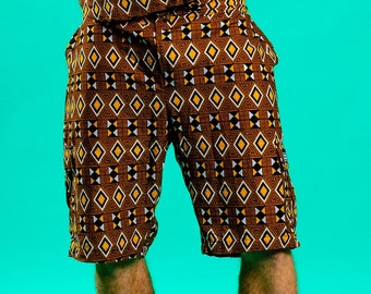 Brown Aztec Board Shorts, Men Summer Shorts, African Print, Mens Festival Clothing, Two-Piece, Hippie Clothing, Co-ord Set, Pattern Shorts