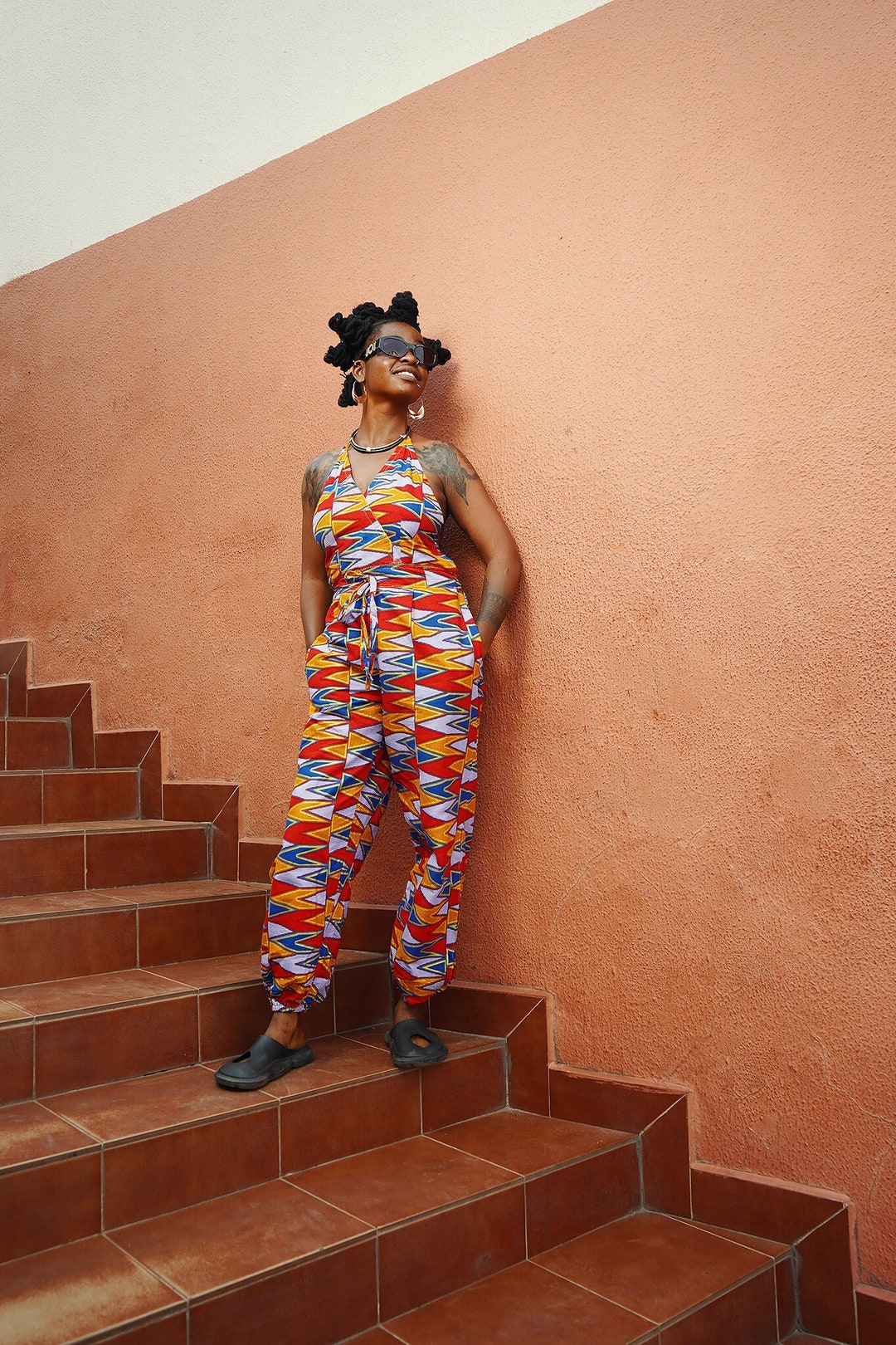 Backless African Print Jumpsuit, One Piece Jumpsuit, Pink Halter Neck  Jumpsuit, Ankara Festival Outfit, Colorful Romper, Women Overalls