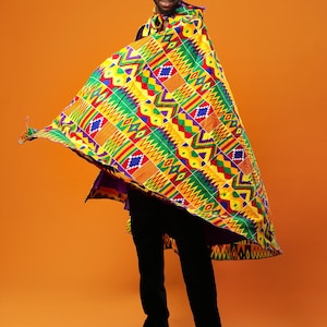 Kente Festival Cape, African Print Cloak, Reversible Satin Lined