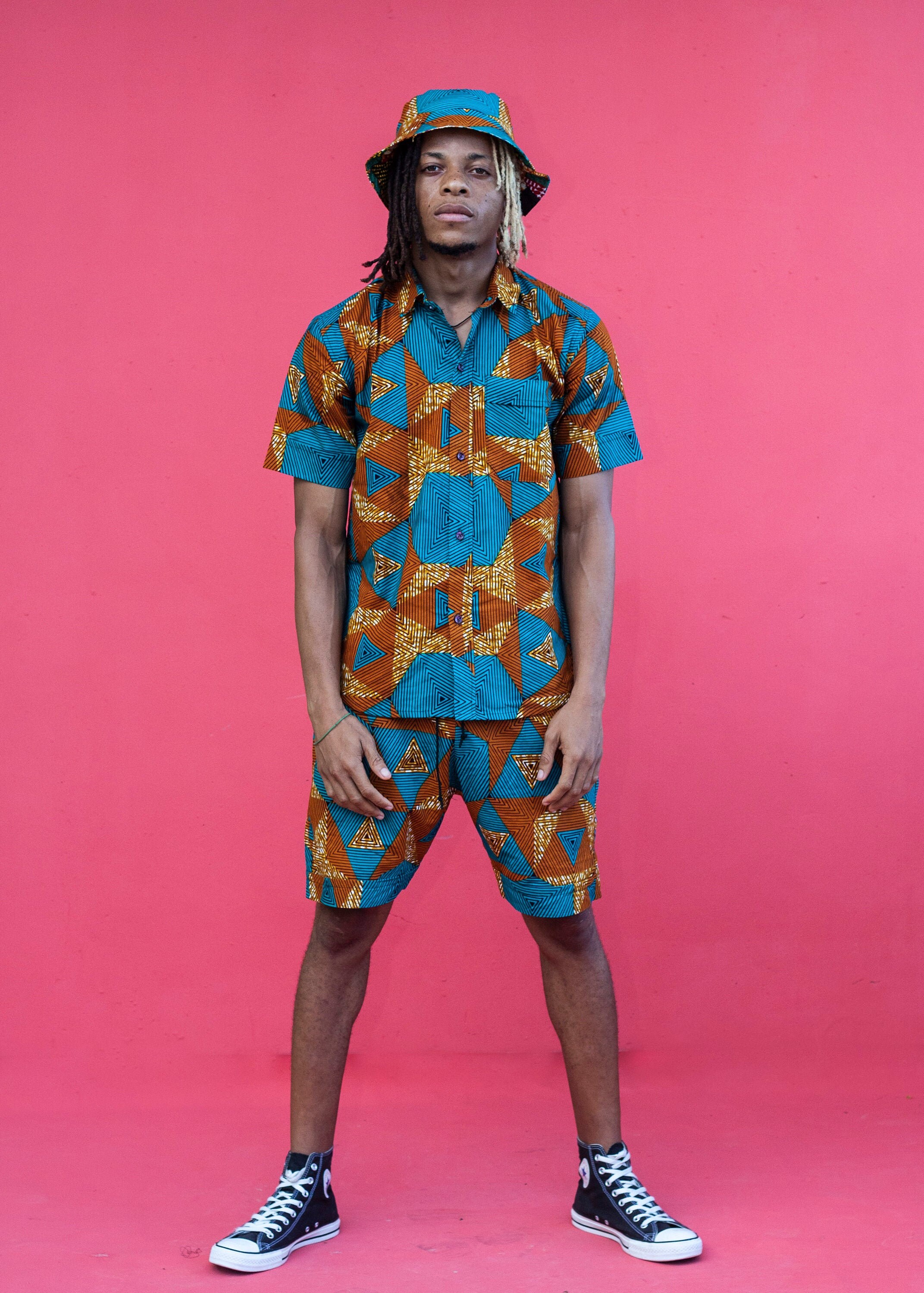 Image of Geometric African Print Men's Shorts/Kaleidadope Turn-Up Colourful Festival