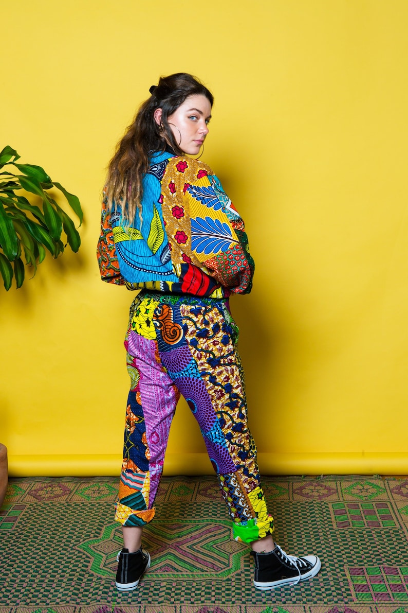 tribal ditsy patchwork print long jogger pants