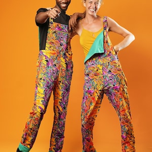 Rainbow Festival Overalls, Unisex African Print Dungarees, Psychedelic Rave Wear, Mens Overalls, Hippie Outfit Bodysuit - Ashanti Empress