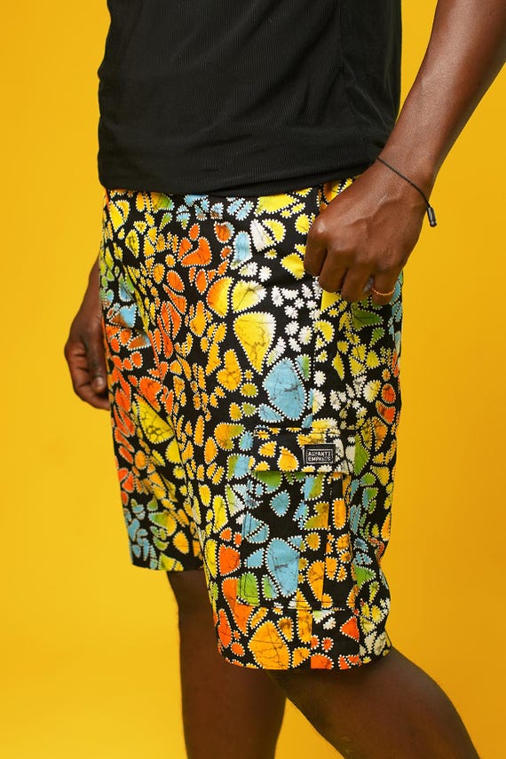 Funky Mens Cargo Shorts, Beach Hawaiian Shorts, Comfy Cotton Shorts, African Print Mens Clothing, Hippie Festival Set - Ashanti Empress