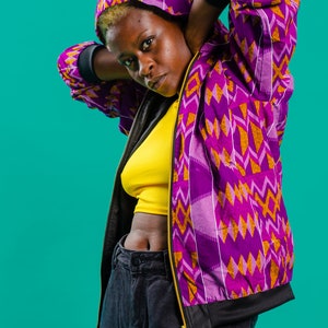 Purple Patterned Hoodie, African Print Jacket, Festival Outfit, Gender Neutral Hippie Clothing, Tribal Jacket, Kente Cloth - Ashanti Empress