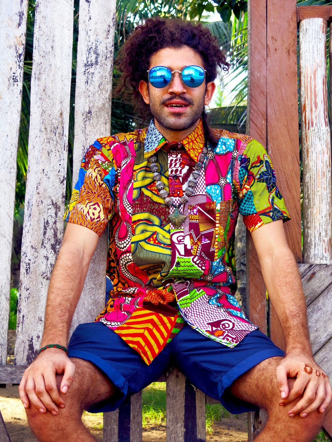 トップス Camp Shirt - African Print Patchwork Patchwork Ankara Button Down Shirt, Afrocentric Slow Fashion for