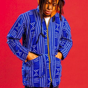 Blue Oversize Tribal Jacket, Unisex African Print Jacket, Hooded Coat, 90s Festival Clothing, Y2K, Colourful Overcoat, Mudcloth