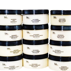 May include: Twelve 8-ounce jars of body butter in various scents, including linen, sandalwood, baby powder, coconut and vanilla, lavender, mango and papaya, island nectar, honeysuckle and gardenia, honey and almond, midnight pomegranate, patchouli, lavender and vanilla, chamomile and rosemary, and eucalyptus and mint.