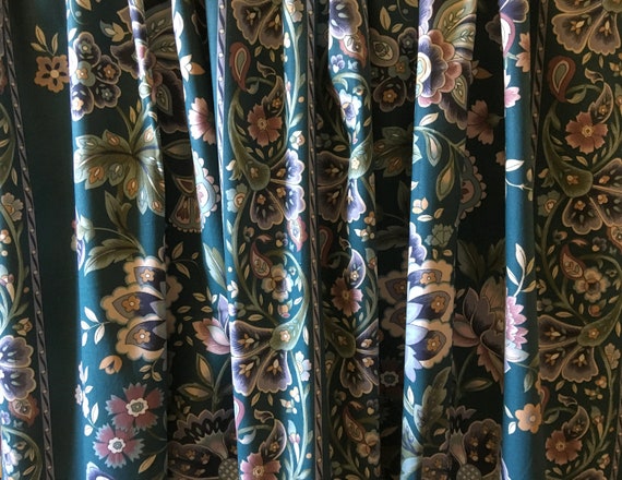 Vintage Floral Pair Of Curtains Printed On Dark Green Bottom Etsy
