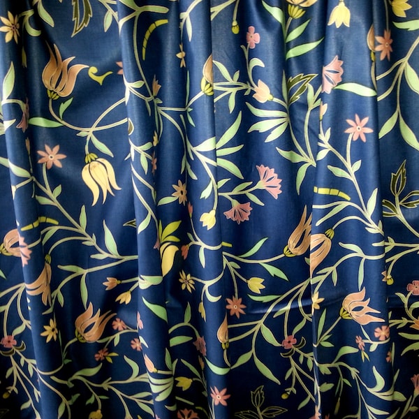 Vintage floral pair of Curtains, printed on dark blue bottom with  green, yellow and pink flowers.