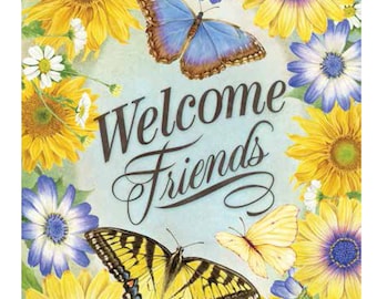 GARDEN Flag - "Flowers and Butterflies" Welcome Friends - original art by Jane Shasky