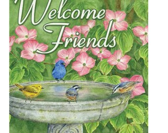 HOUSE Large Flag - Dogwood Birdbath "Welcome Friends" - original art by Jane Shasky