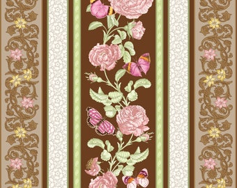 Butterfly Botanical 9853-44 Pink and Brown Vintage Floral Stripe by Jane Shasky for Henry Glass