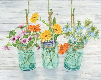 Flowering Herb Jars - Original fine art print by Jane Shasky
