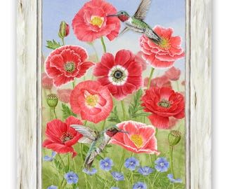 HOUSE large flag - "Poppy's and Hummingbirds" Burlap flag- original art by Jane Shasky