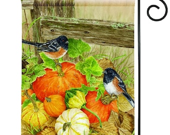 GARDEN FLAG  - "Pumpkins and Towhees" - original art by Jane Shasky