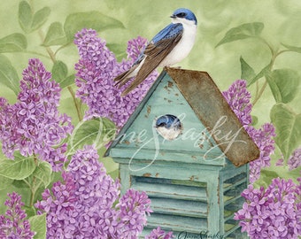 Lilac Birdhouse - Original art print by Jane Shasky