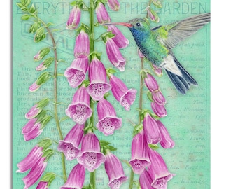 HOUSE Large Flag - HUMMINGBIRD & FOXGLOVES - original art by Jane Shasky