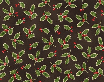 A Winter Song 9827-33 Holly Sprigs on Brown by Jane Shasky for Henry Glass