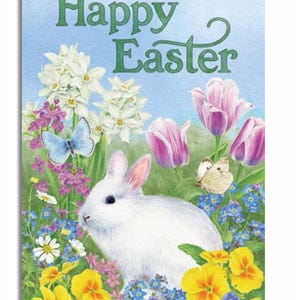 May include: A white bunny rabbit sits in a field of colorful flowers. The flowers include yellow pansies, blue forget-me-nots, white and pink tulips, and white daffodils. The text "Happy Easter" is written in green letters at the top of the image.
