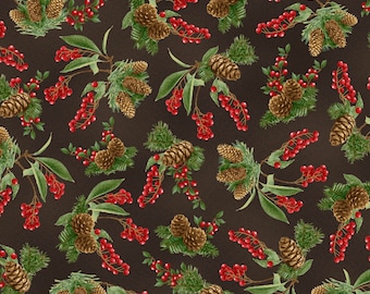 A Winter Song 9826-33 Berries and Pinecones on Brown by Jane Shasky for Henry Glass