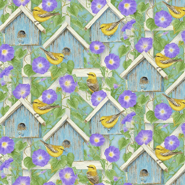 Hydrangea Birdsong, Birdhouses 1756-67 Fabric by Jane Shasky for Henry Glass