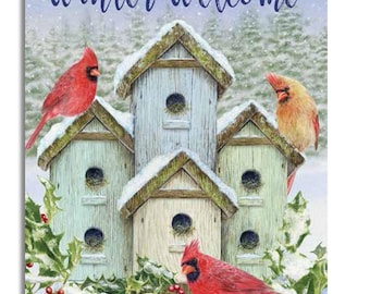 Holiday HOUSE Flag - Cardinal Birdhouse "Winter Welcome" - original art by Jane Shasky