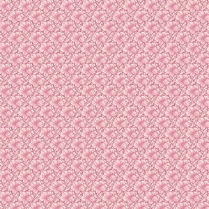 May include: A repeating pattern of pink flowers with a light pink background. The flowers are detailed with a darker pink outline and are arranged in a grid-like fashion. The overall design is delicate and floral.