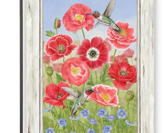 GARDEN Flag - "Poppy's and Hummingbirds" Burlap flag- original art by Jane Shasky